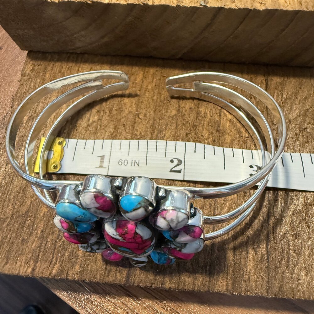 Cotton Candy Turquoise Dahlia Stone Sterling Silver Cuff - Picture 3 of 5